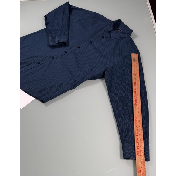 Rugby University Shirt Mens L Blue Stretch Geo Metric Pattern Button Up Casual - Picture 9 of 10